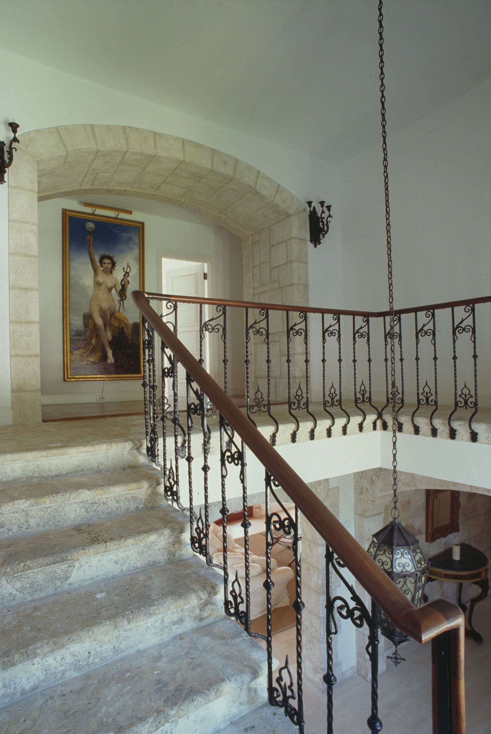Image may contain Architecture Building House Housing Staircase Art Painting Handrail Indoors Foyer and Lamp